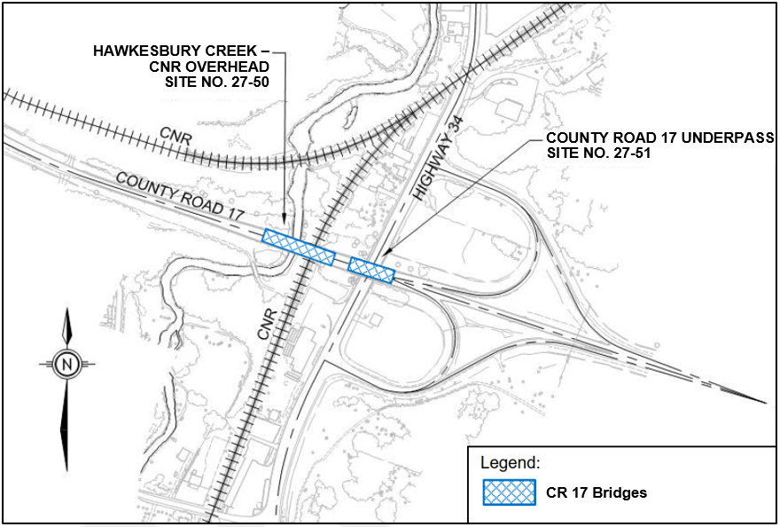 Site plan for the study area of the replacement of the CNR/Hawkesbury Creek Overhead and the County Road (CR) 17 Underpass at Highway 34 in the United Counties of Prescott and Russell